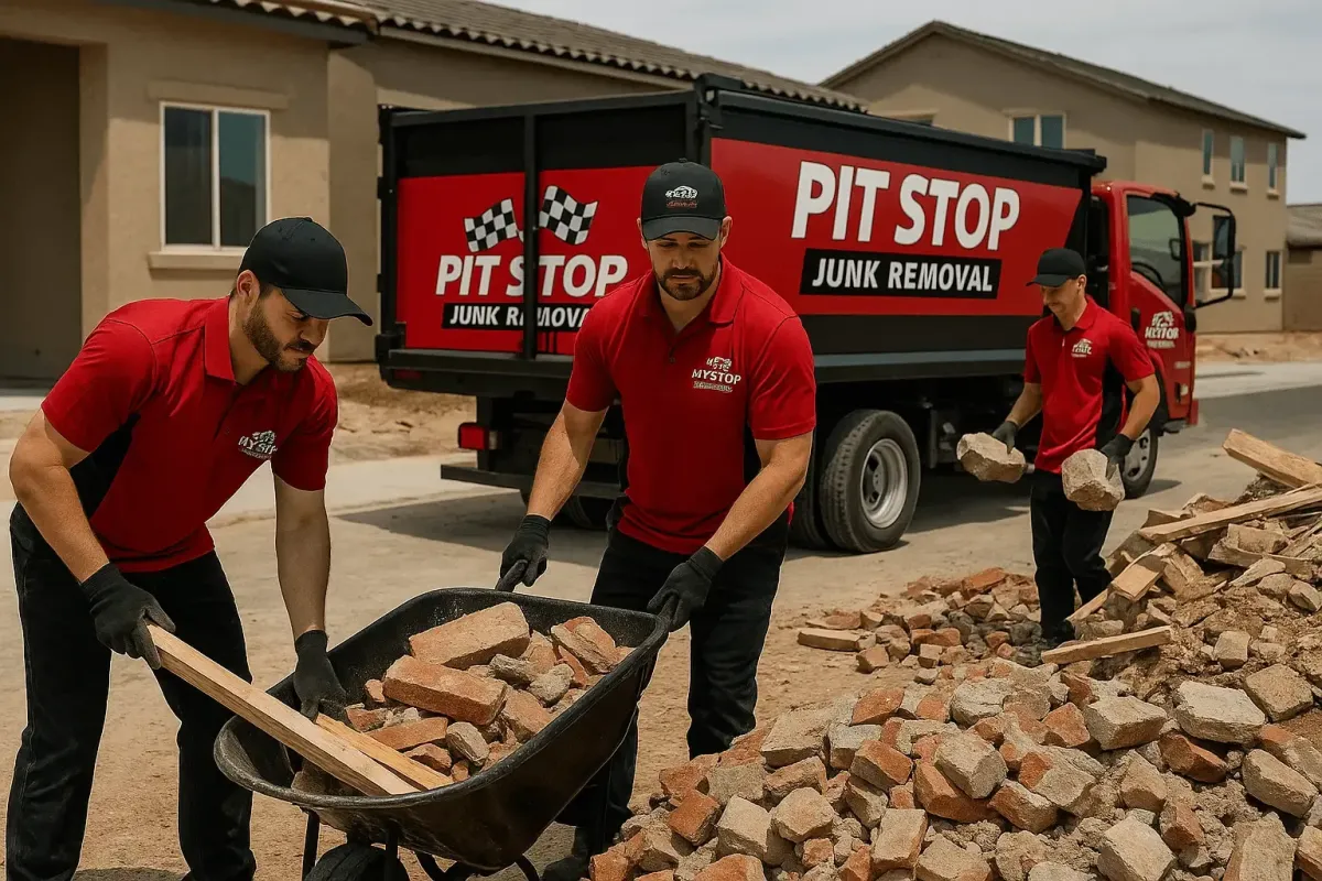 Crew loading heavy debris into a branded truck at a construction site in Las Vegas