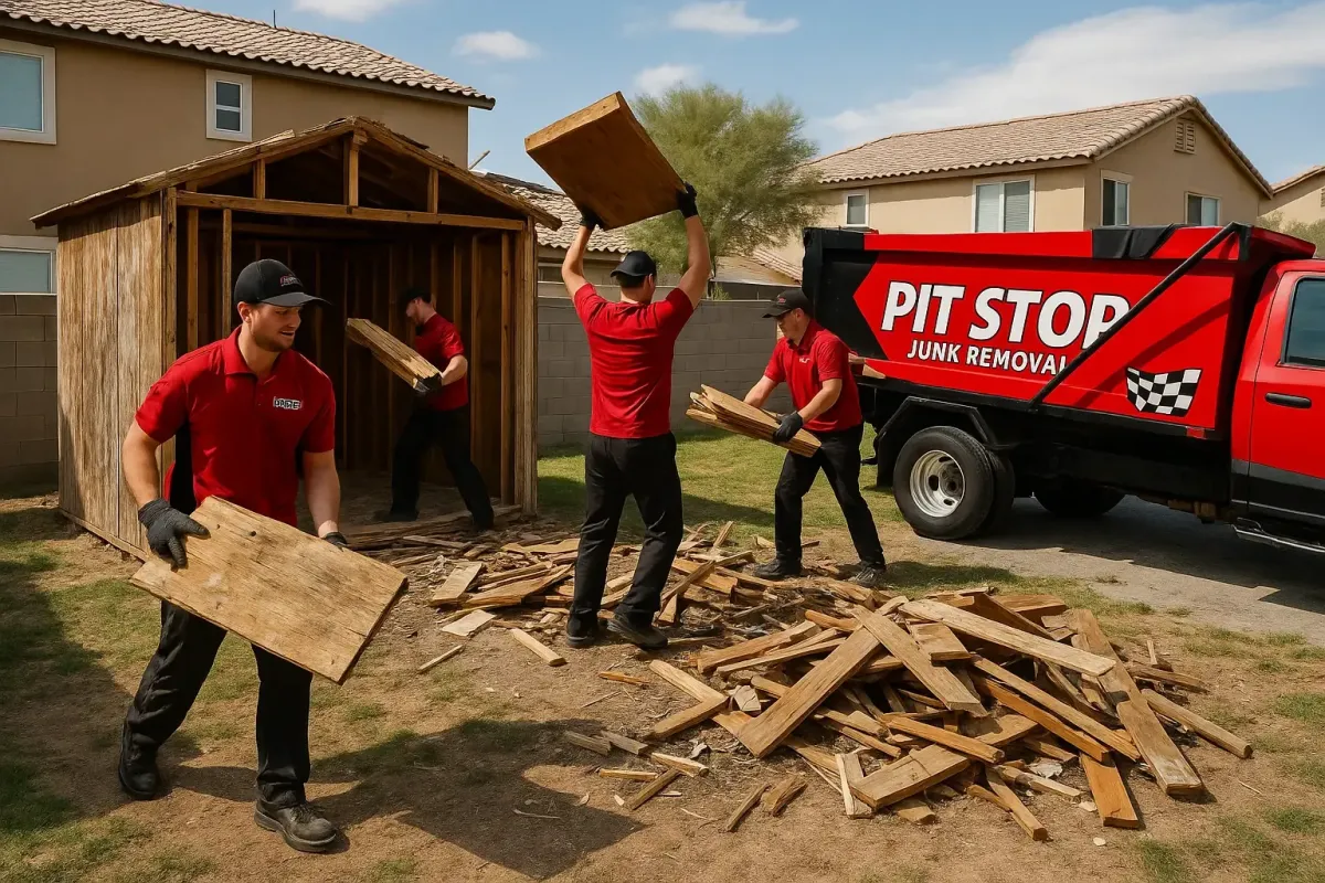 Pit Stop crew tearing down a wooden shed and hauling debris from a Las Vegas backyard