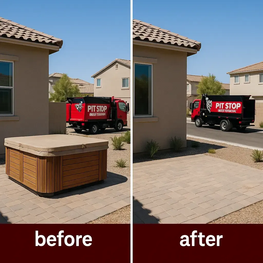 Before and after of a hot tub demolition and removal by Pit Stop Junk Removal in Las Vegas