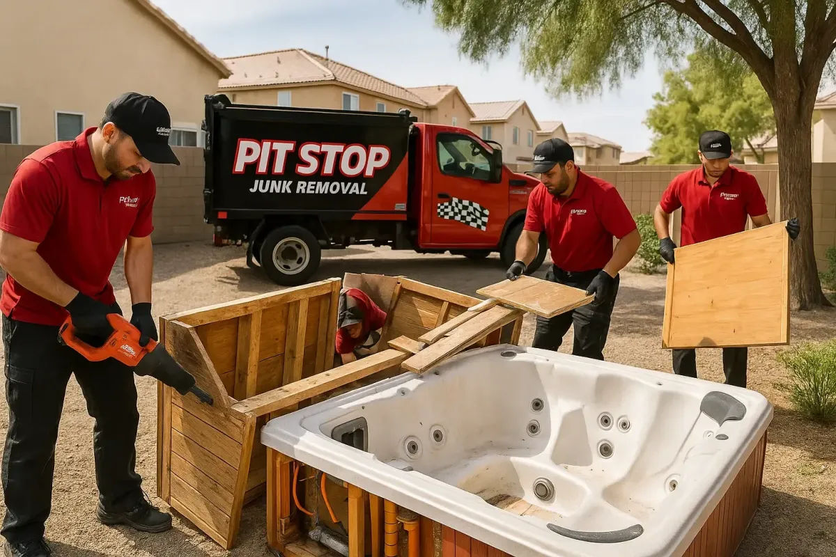 Pit Stop crew removing an old hot tub from a Las Vegas home