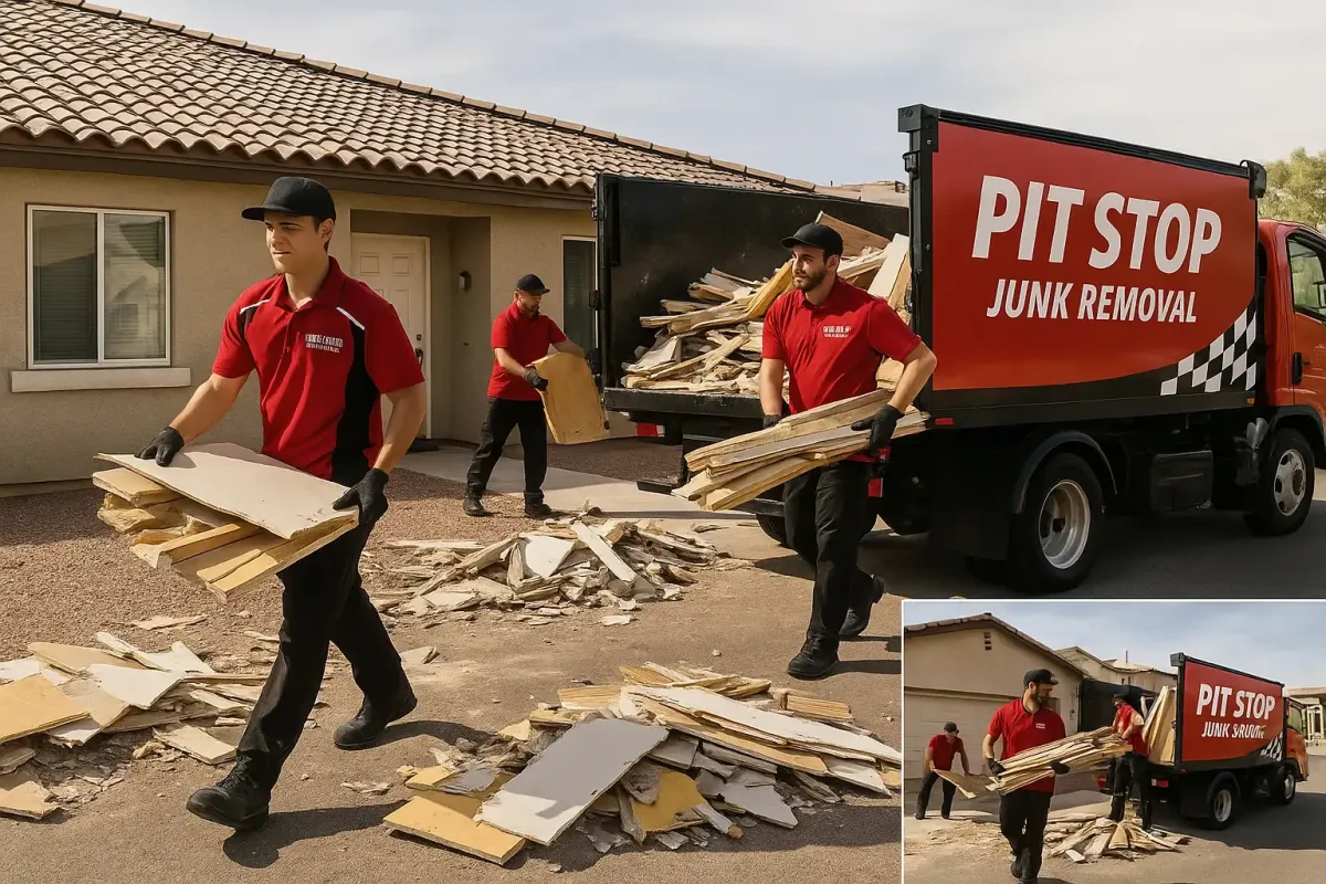 Pit Stop crew finishing a half-done demo and hauling out debris in Las Vegas