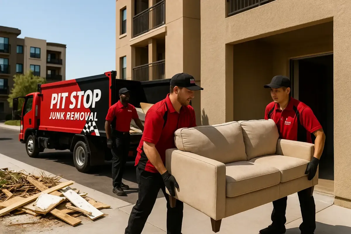 Pit Stop crew loading a single couch into a branded junk removal truck in Las Vegas