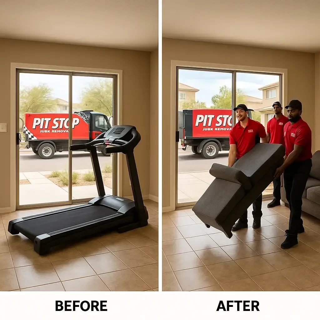 Before and after photo of a single-item junk removal for a large appliance or furniture piece