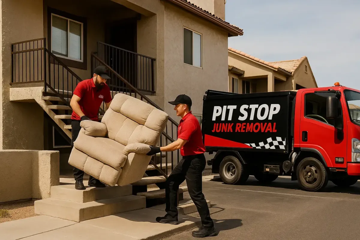 Crew carrying a recliner from an upstairs unit into a branded junk removal truck