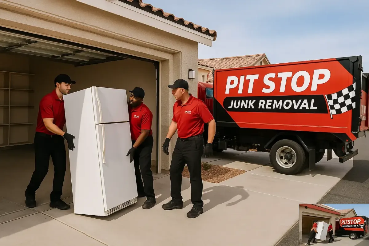 Crew hauling out a fridge from a home into their truck in Las Vegas