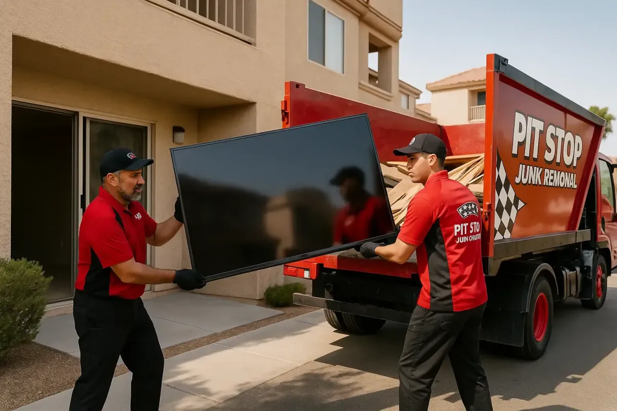 Flat screen TV being removed from a Las Vegas home by Pit Stop crew