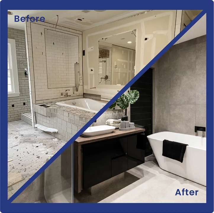 Before and after of a tub to shower conversion by Rhode Island Bath & Shower showing improved accessibility and modern design