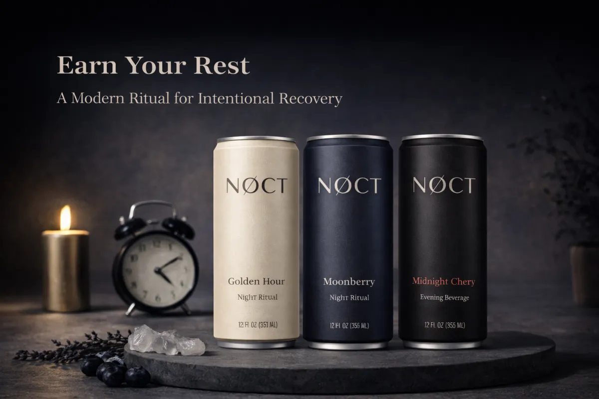 NØCT packaging system laid out on dark stone with refills and primary container