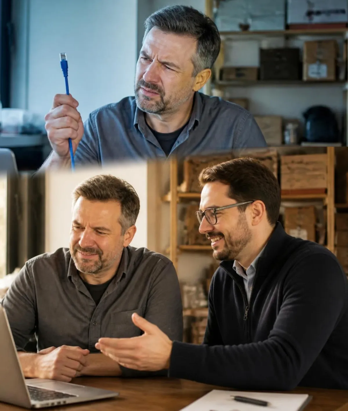 A small business owner puzzled by a network cable, then relaxed and smiling as an IT consultant shows him a working computer screen. 