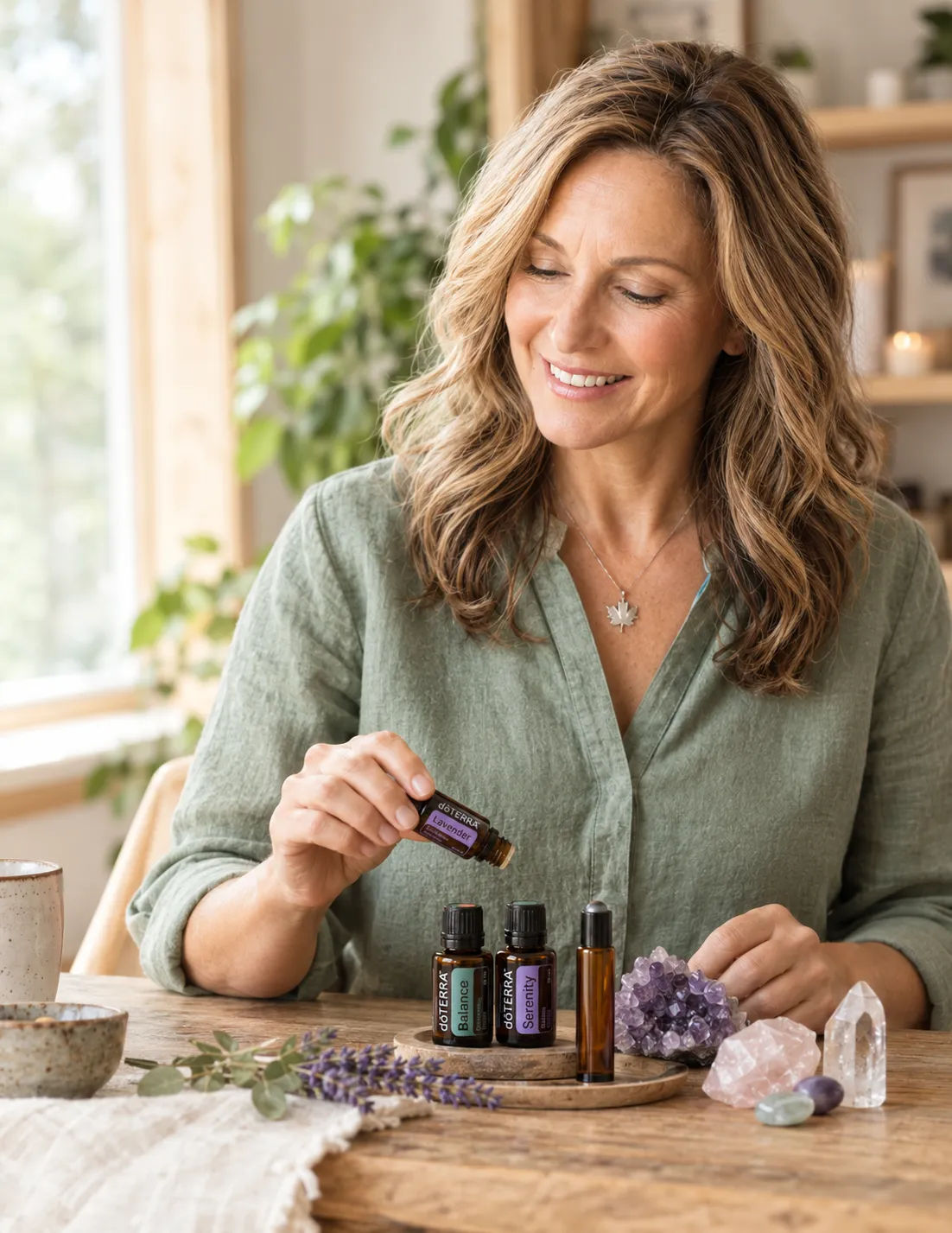 Woman holding doTERRA essentials oils, crystals, and rollerball at a workshop