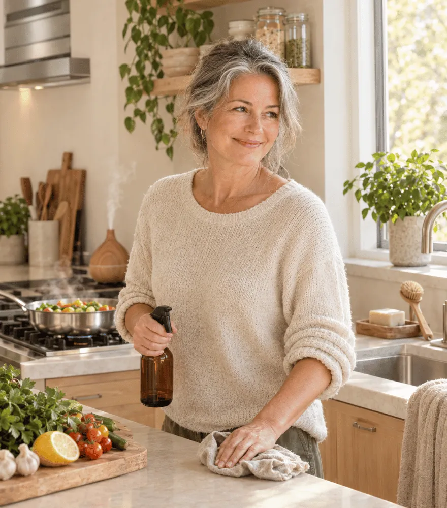 woman standing in kitchen with a toxin-free spray bottle