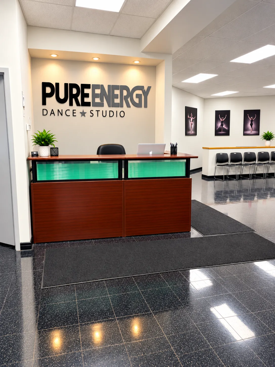 Bright, spacious Pure Energy dance studio interior with sprung hardwood floors, ballet barres, and wall-to-wall mirrors