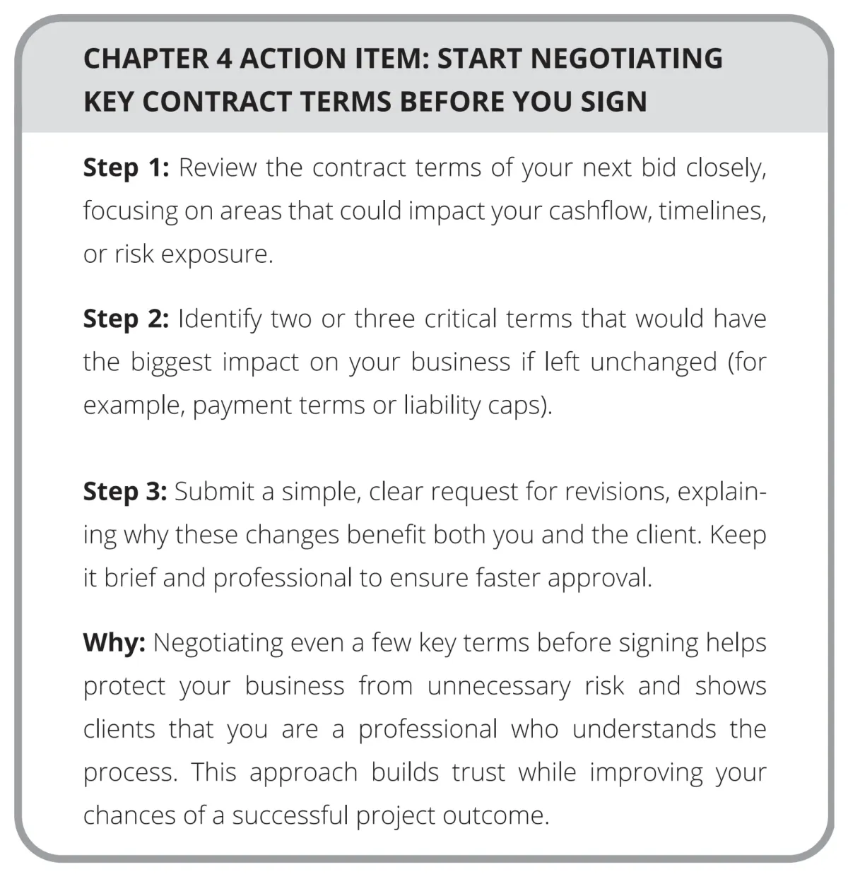 Page 90: Action Item: Start negotiating key contract terms...