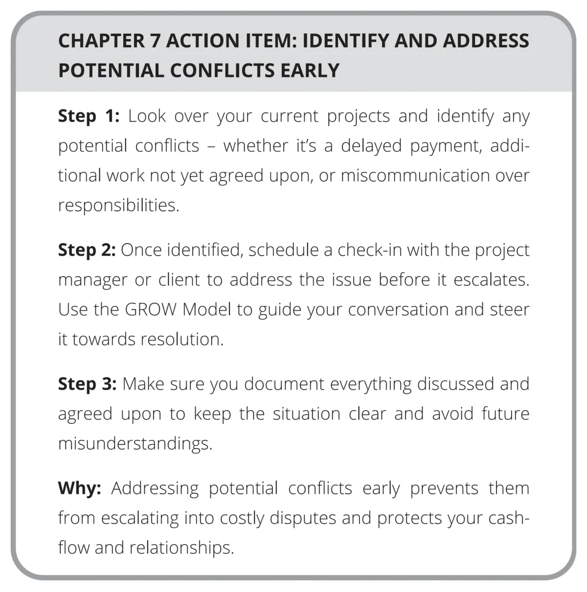 Page 140: Action Item: Identify and address potential conflicts early