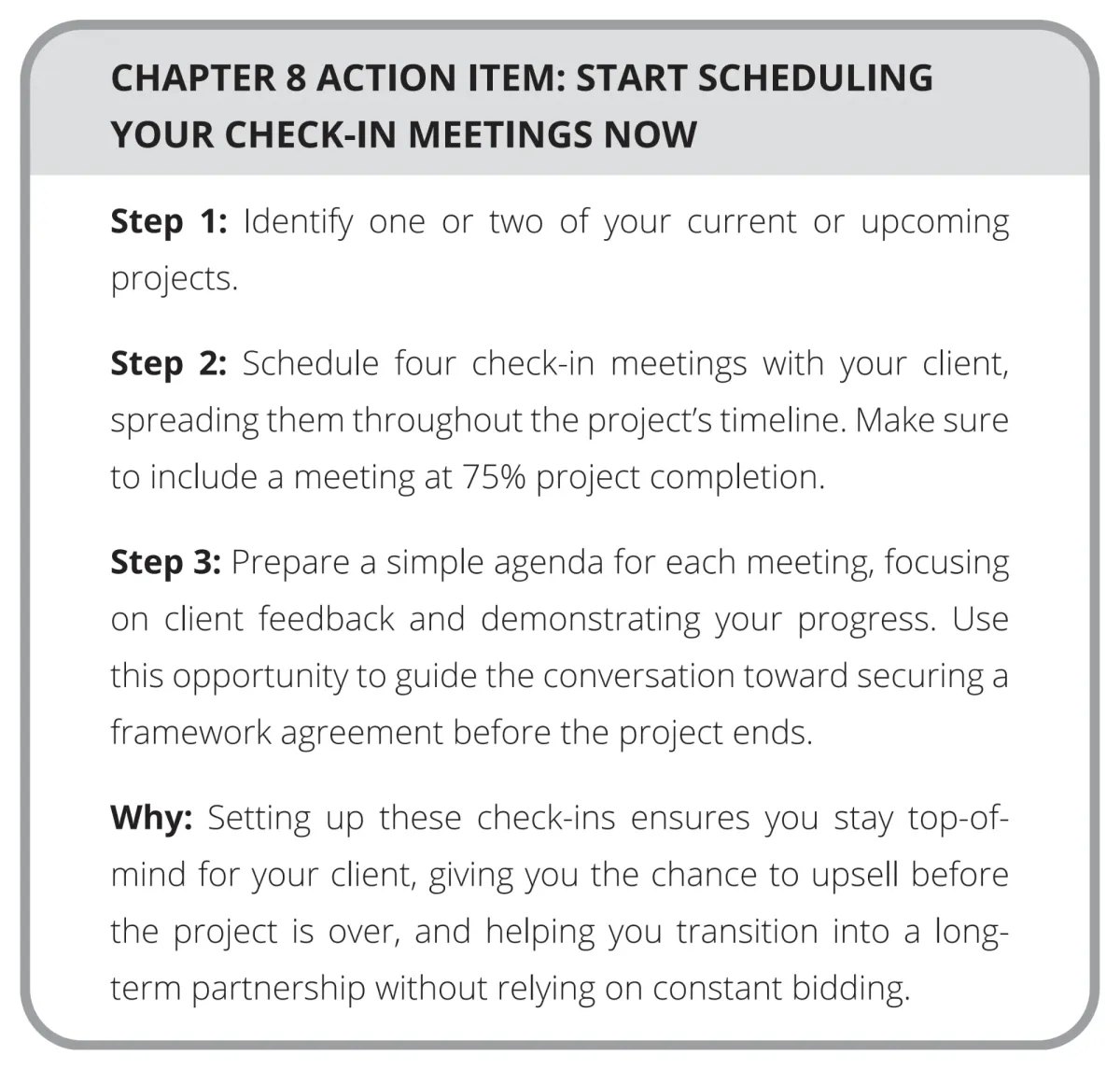 Page 158: Action Item: Start scheduling your check-in meetings now