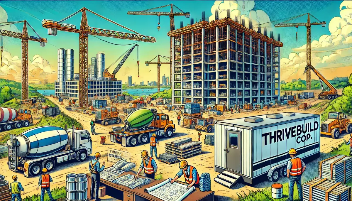Vibrant illustration of a busy construction site with cranes and workers, featuring ThriveBuild Corp trailer, representing construction business growth and survival strategies.