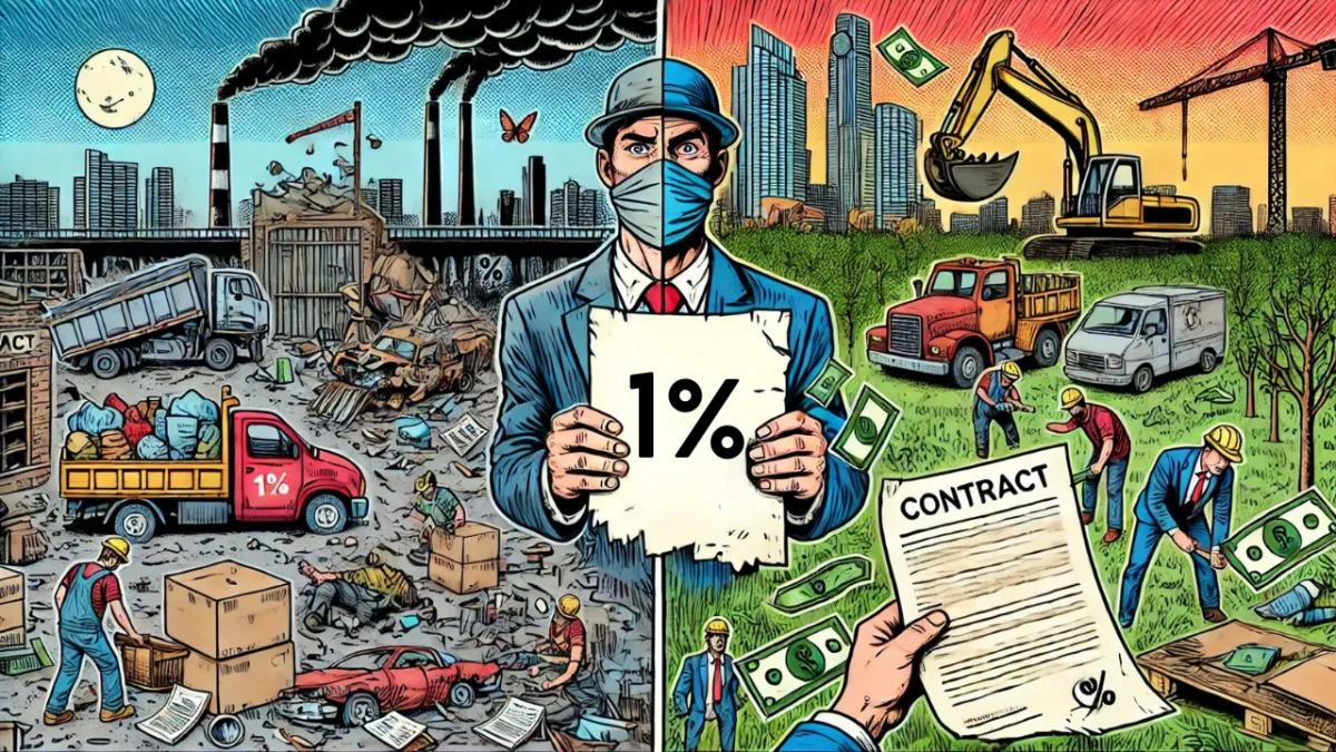 Split-screen illustration showing a chaotic, failing construction site on the left and a thriving, profitable construction business on the right, separated by a contractor holding a 1% sign.