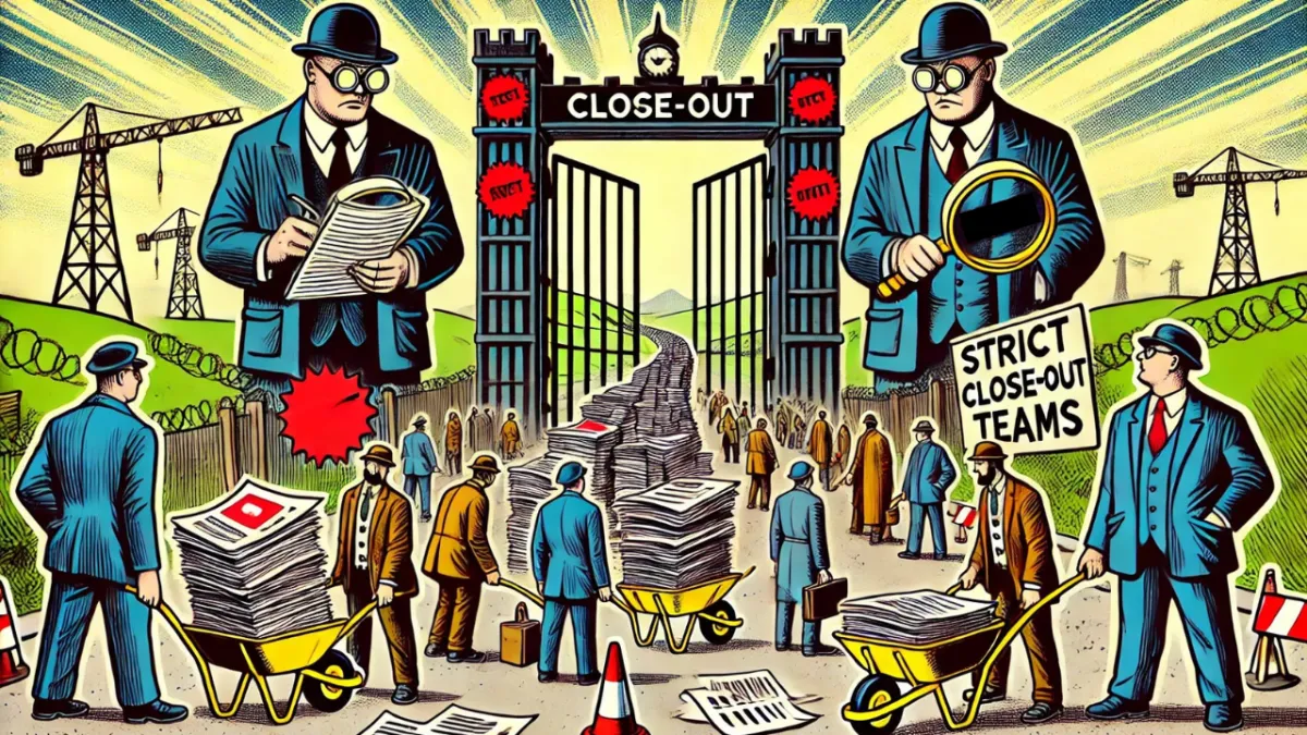 Illustration of strict closeout teams inspecting paperwork at a project gate
