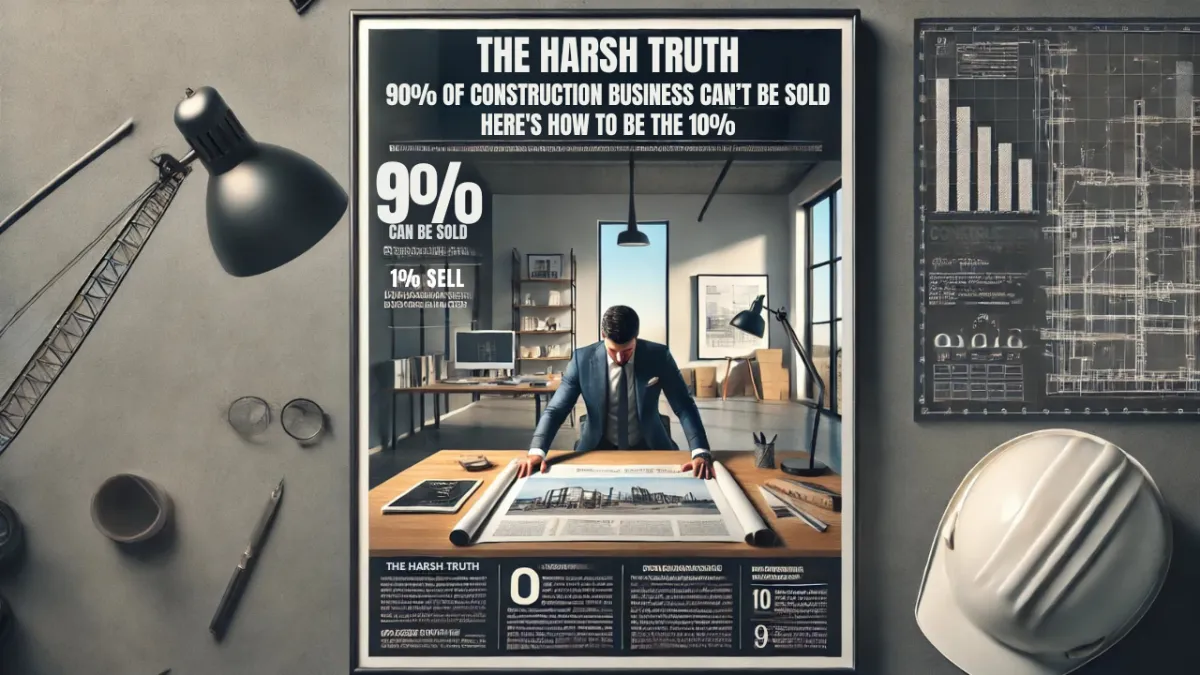 A framed poster detailing statistics about selling a construction business, featuring a businessman reviewing blueprints at a desk next to a white hard hat.