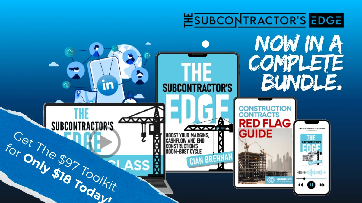 A premium digital display showcasing the complete Subcontractor's Edge Bundle toolkit, highlighting a special $18 discount offer.
