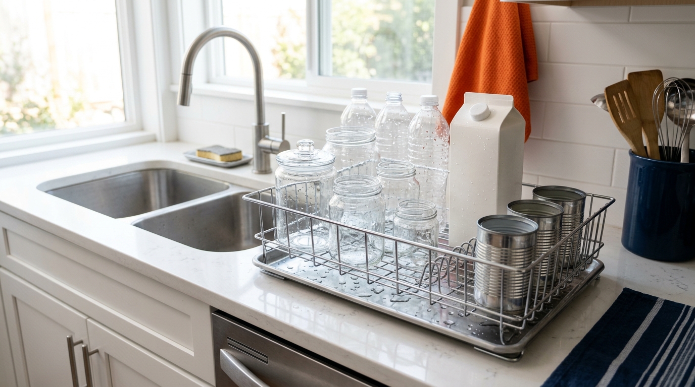 Contenants recyclables rincés qui s'égouttent près d'un évier de cuisine
