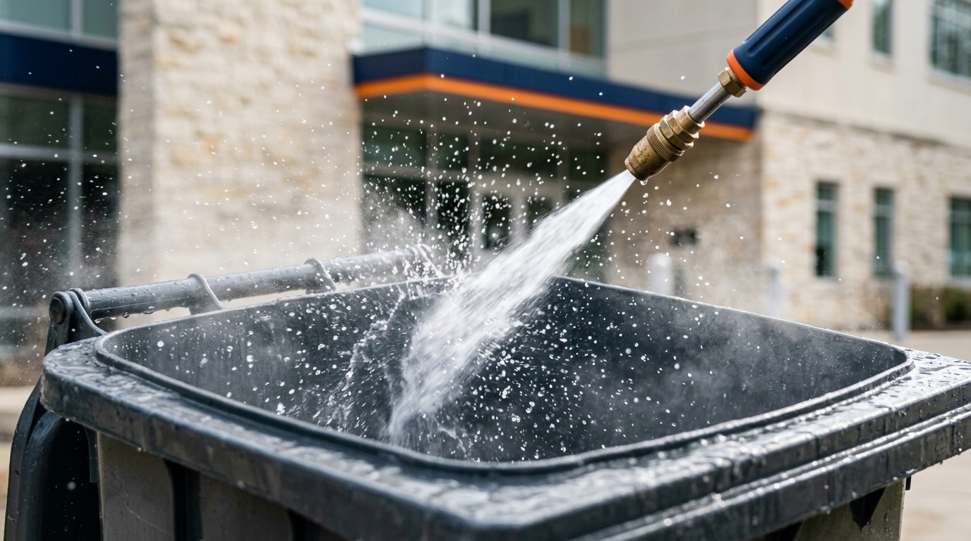 Lavage à haute pression de l'intérieur d'un bac roulant