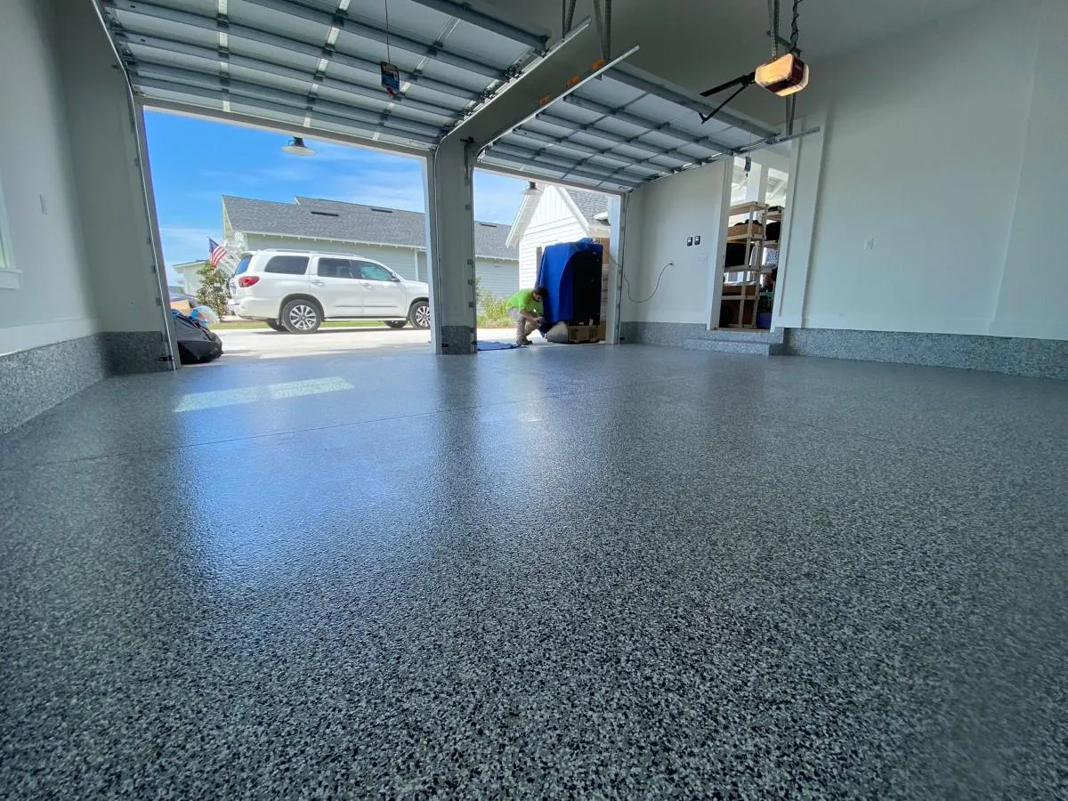 Garage epoxy flooring Toronto with flake finish and high-gloss coating