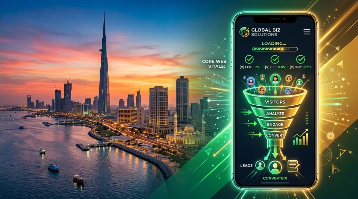 Business team reviewing website design and performance metrics for web development success in Saudi Arabia.