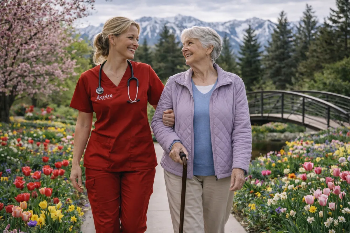 Woman seated beside an older woman resting in bed, holding an Aspire in-home healthcare brochure and discussing care options in a calm bedroom setting. Hospice vs palliative care.
