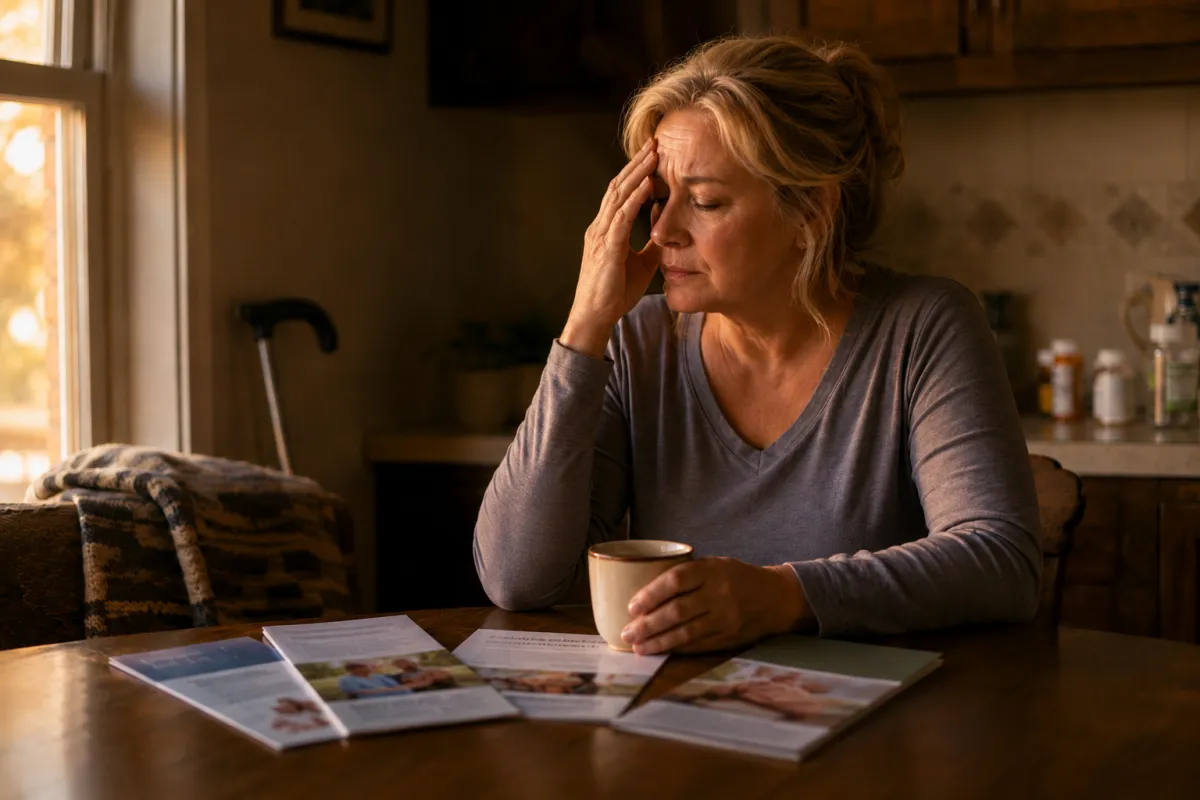 A caregiver pauses alone at a sunlit kitchen table at the end of a long day — illustrating the quiet exhaustion of caregiver burnout.