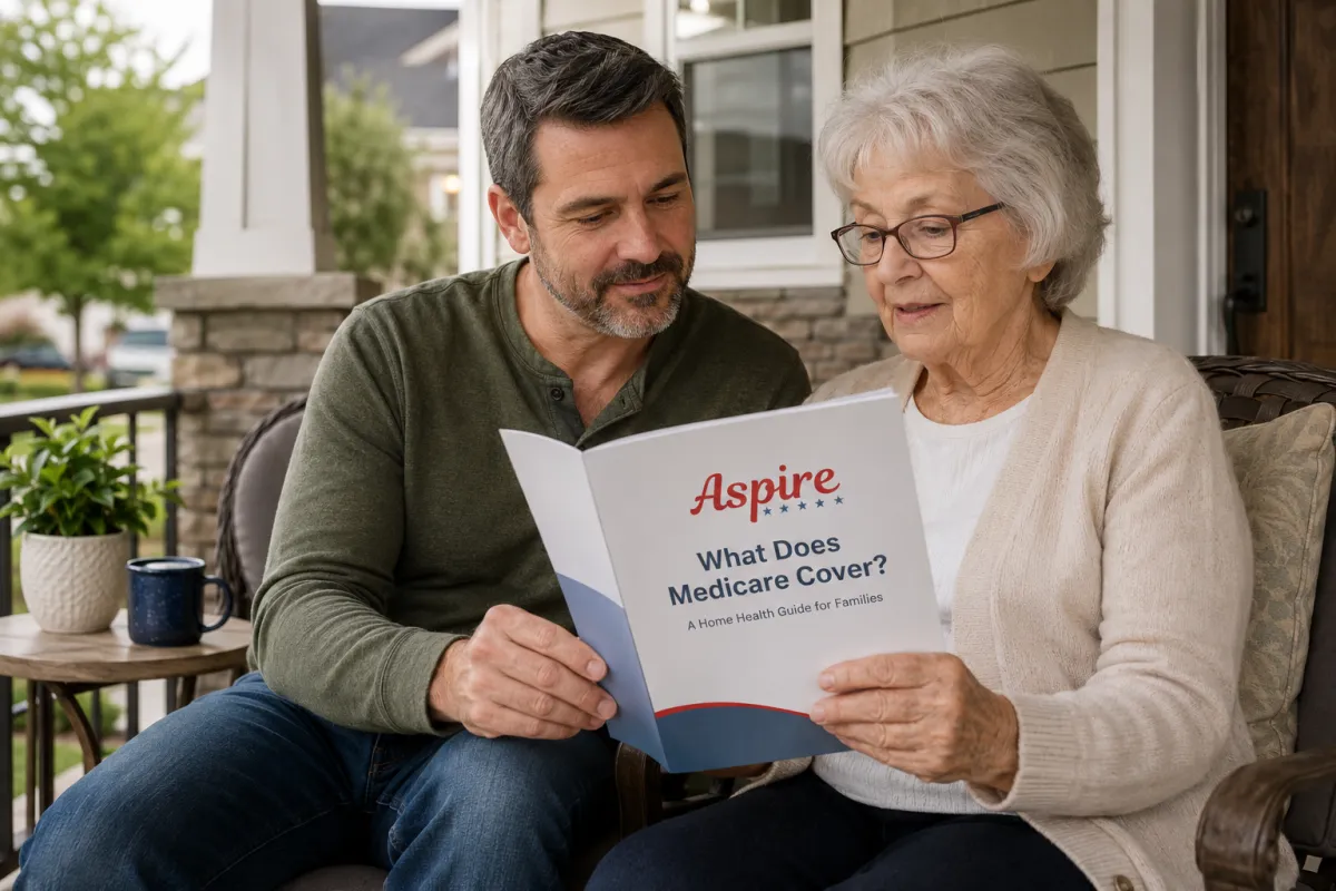 A middle-aged man and an older woman sit together on a porch, reading a booklet titled "What Does Medicare Cover? A Home Health Guide for Families" with the Aspire logo on the cover. If you want a shorter version for tighter character limits: A man and an elderly woman read an Aspire Medicare home health guide together on a porch.
