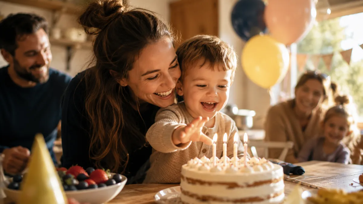 Young mother smiles while holding her laughing toddler near a small birthday cake with lit candles, surrounded by family, soft balloons, and warm golden light in a cozy home celebration.