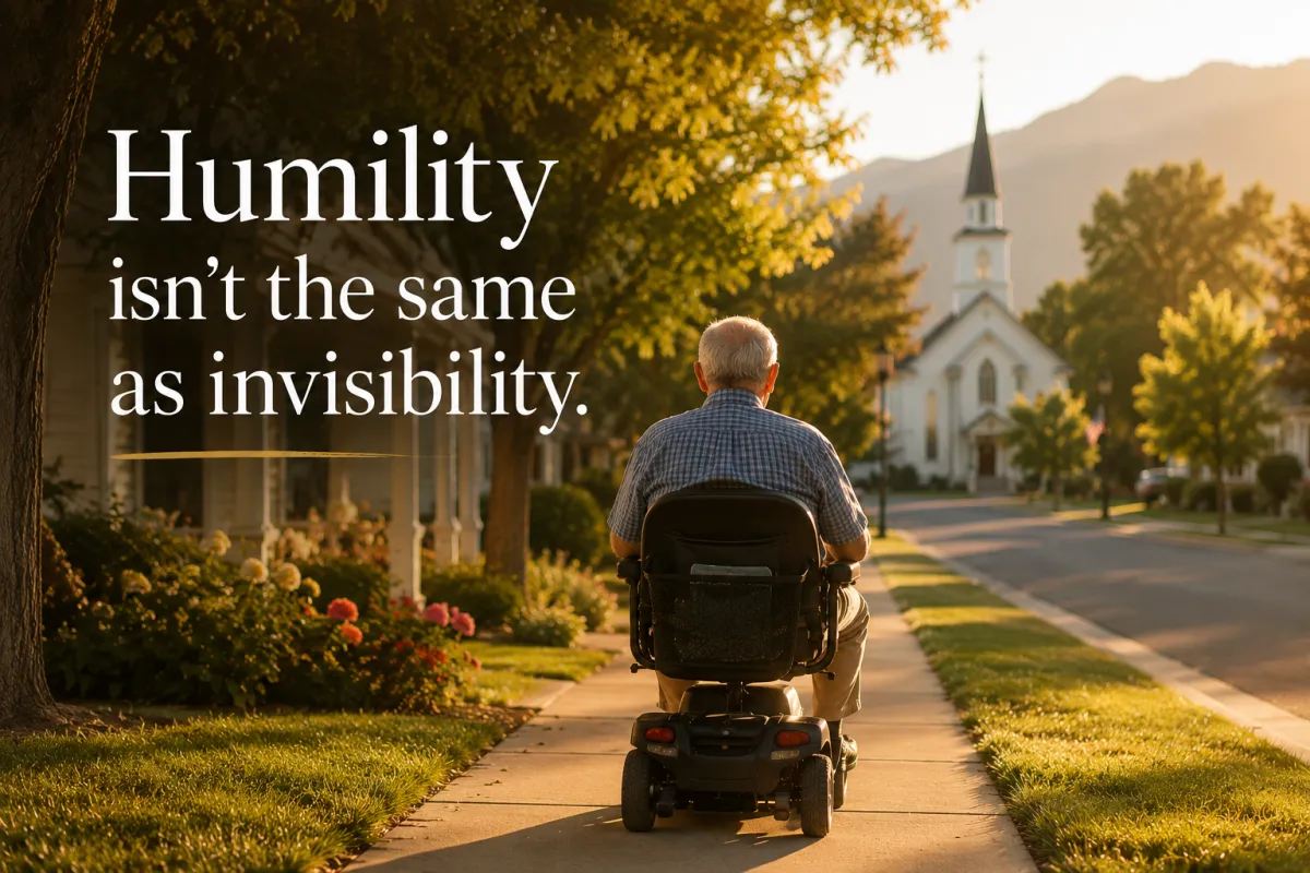 Elderly man rides an electric mobility chair down a peaceful neighborhood sidewalk toward a small church, with warm morning sunlight, mature trees, and text reading “Humility isn’t the same as invisibility."