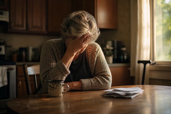 Overwhelmed woman at the dining table needing help for hospice and home health