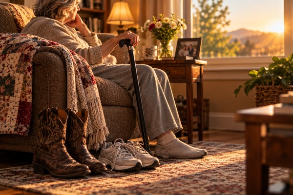 Older woman in an armchair by a sunset window with a cane, quilt, flowers, framed photo, and cowboy boots and sneakers on the rug