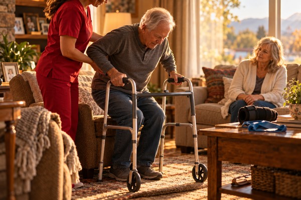 Older man rising from his living-room armchair to a walker with a home health physical therapist guarding at his back while his wife watches from the sofa in a sunlit Utah home