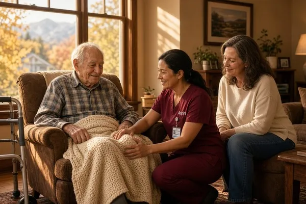 Aspire nurse in burgundy scrubs kneeling beside an elderly man in an armchair with a blanket and walker, his adult daughter beside them, golden light and autumn mountains through the window
