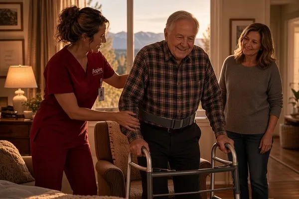 Photo of an Aspire home health nurse in burgundy scrubs with an ID badge steadying an older man by his gait belt as he walks with a walker in his Utah living room while his wife smiles nearby, mountains visible through the window.