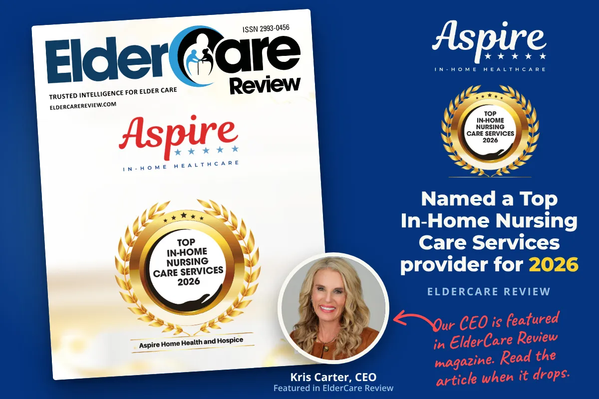 ElderCare Review magazine cover with the Aspire In-Home Healthcare logo and a gold "Top In-Home Nursing Care Services 2026" laurel badge for Aspire Home Health and Hospice, beside a photo of CEO Kris Carter and the words "Named a Top In-Home Nursing Care Services provider for 2026" on a navy background.