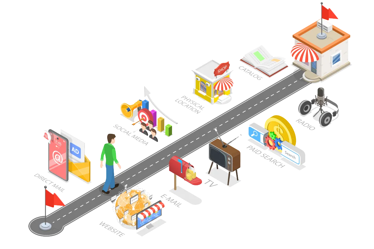 Cartoon man walking up street passing local businesses.