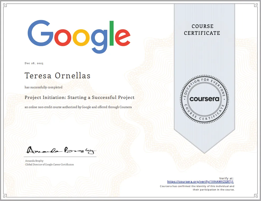 Google - Coursera Certificate - Starting a Successful Project - 1VHAWVZGRTJ1 - Teresa Ornellas
