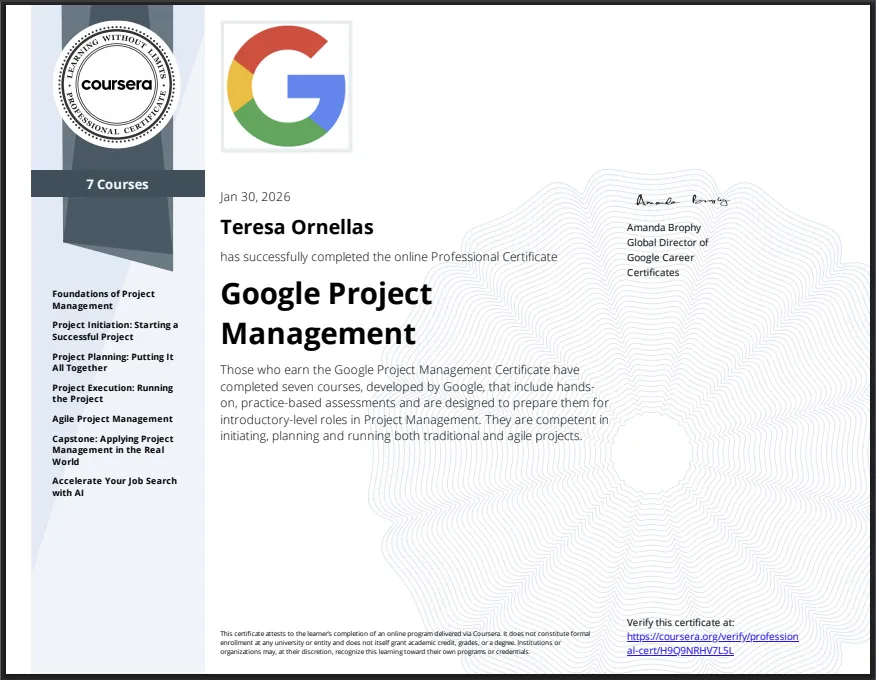 Google - Coursera Certificate - Google Project Management 7 Courses - H9Q9NRHV7L5L Teresa Ornellas