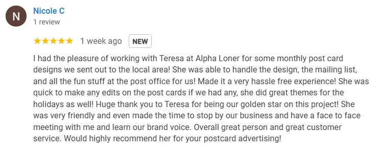 Local business review screenshot from Google by Nicole C