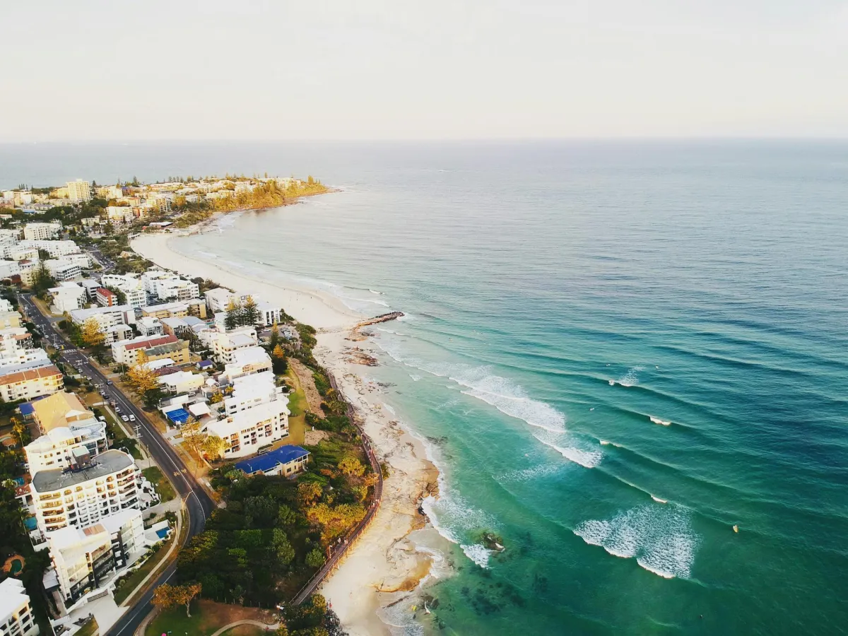 An aerial view of Caloundra on the Sunshine Coast, a ciy where businesses can benefit from AI automation servicess