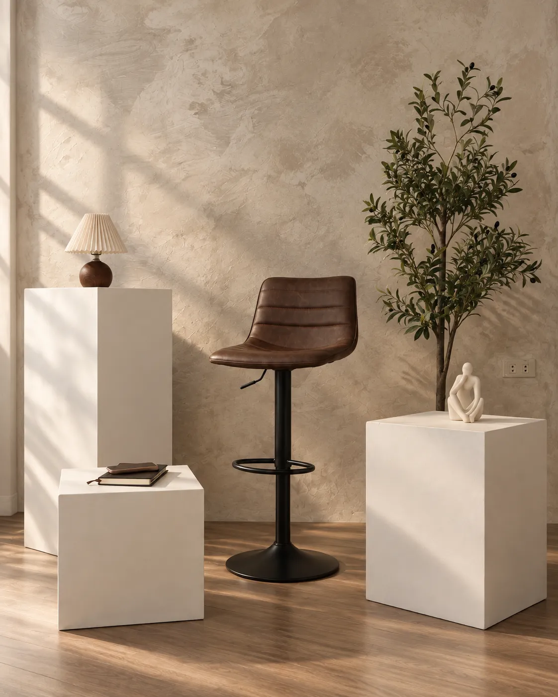 Photo of corner with brown high chair and photo pedestals