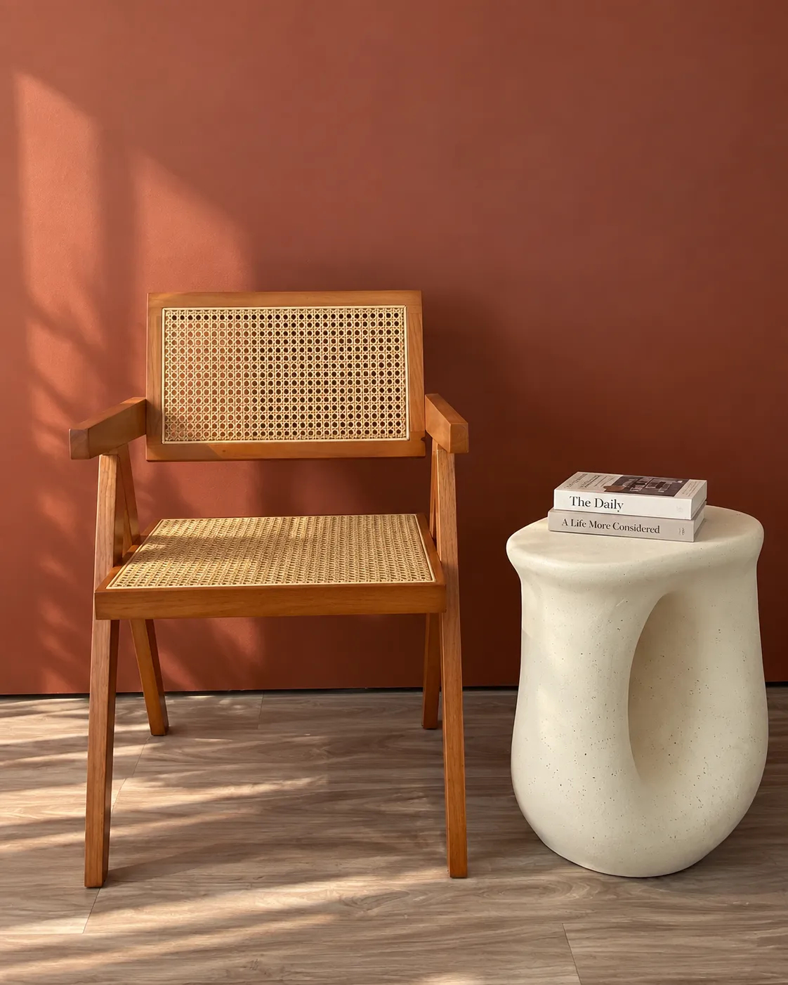 Photo of terracota corner backdrop with brown chair and aesthetic coffee table