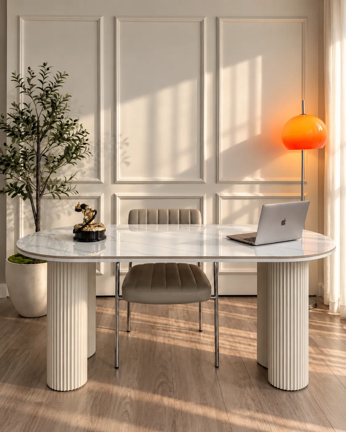 Photo of office table on white background with olive tree and light stand