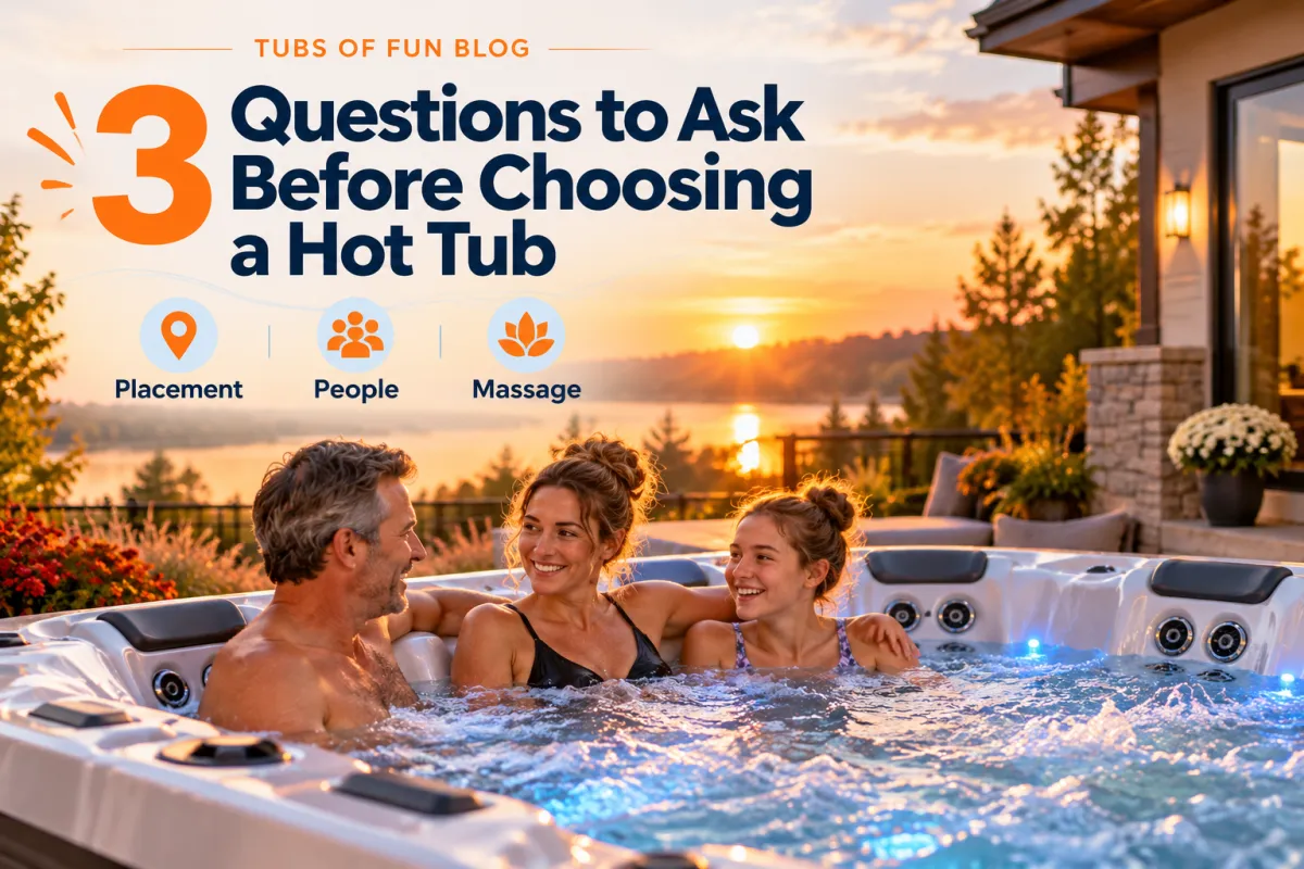 Family enjoying a hot tub in a backyard at sunset