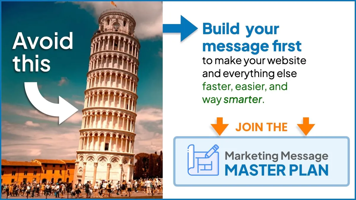Build your marketing message first. Join the Marketing Message Master Plan Workshop