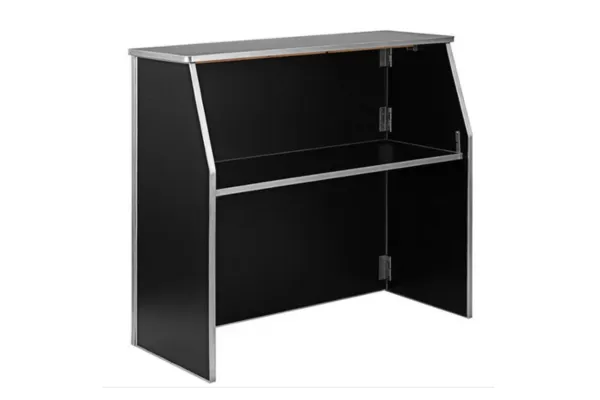 Compact black folding bar top available for rental from Fancy Fiesta event services.